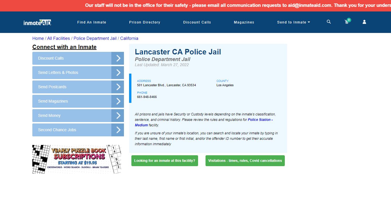 Lancaster CA Police Jail & Inmate Search - Lancaster, CA